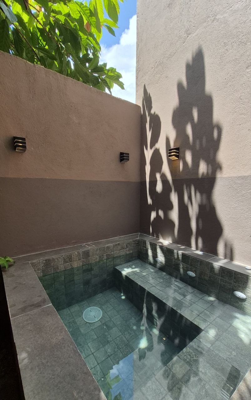 Private jacuzzi framed by cacao leaves