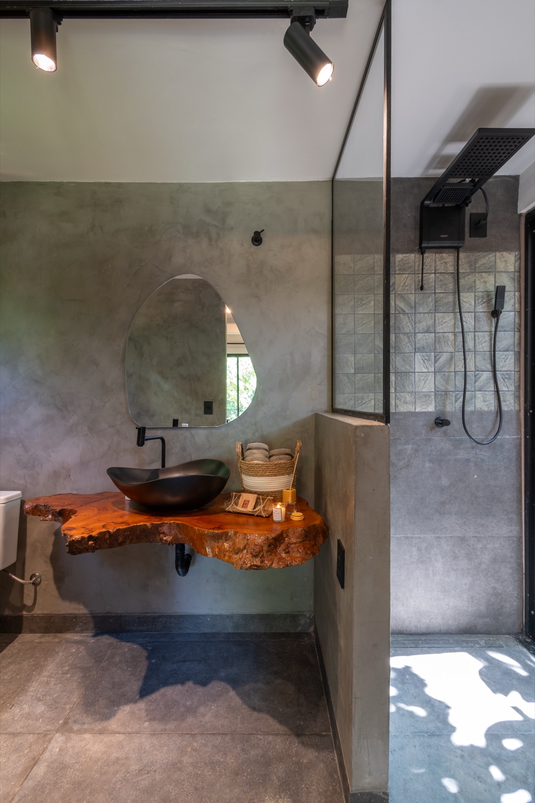 Bathroom vanity with rain shower